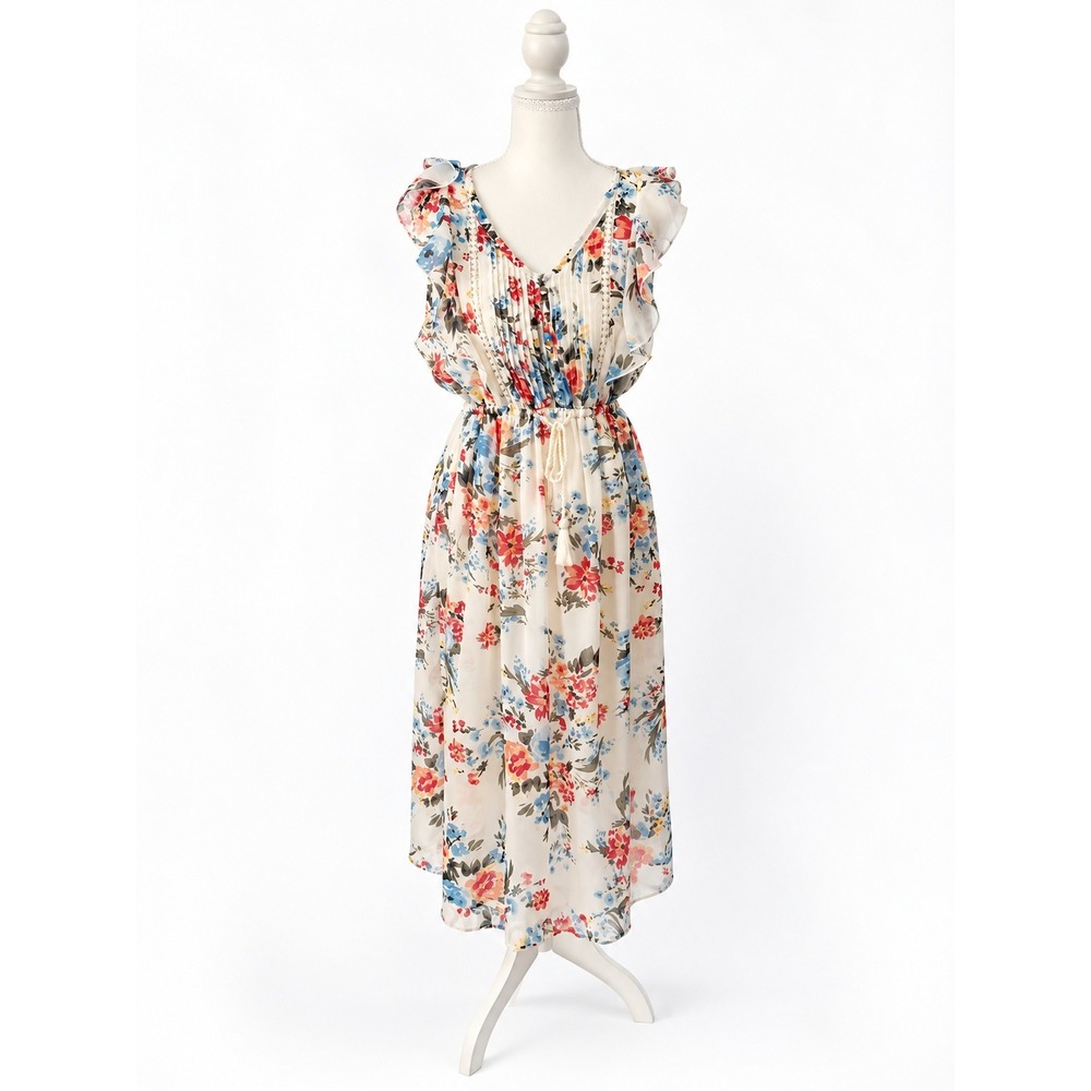 Abercrombie & Fitch Floral Pleated Midi Dress Small Ruffle Sleeve Tassel Tie
